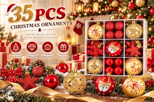 35 Piece Christmas Tree Ornaments Set Decorative Balls with Stars Bows and Reindeer Designs for Holiday Decor Red and Gold - image 6