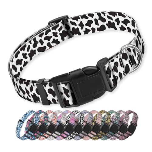 DARUIXZ Dog Collar Adjustable, Cute Pet Collar with Quick Release Buckle, Soft Heavy-Duty Puppy Collar for Large Dogs Black White Cow Print, L