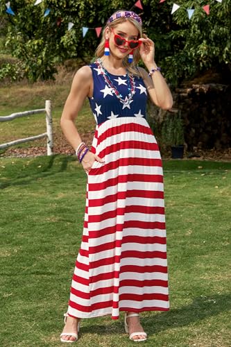 For G and PL Womens 4th of July American Flag Sleeveless Maxi Dress Patriotic Long Tank Sundress with Pockets4