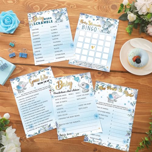 Image of Jetec 302 Pcs Blue Elephant Theme Baby Shower Games, 6 Games, 50 Sheets Each, Include Baby Shower, Word Scramble, Word Search, Predictions and Advice, The Price is Right
