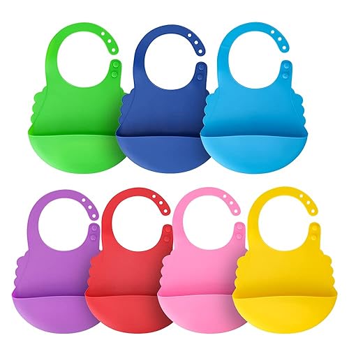 Aricsen Paquete de 7 baberos de silicona para bebés y niños pequeños (6-72 meses), plástico ajustable para alimentación impermeable, fácil de