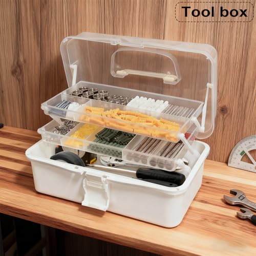 Image of DUOFIRE 13in 3-Layer Foldable Craft Organizers and Storage, Multipurpose Sewing Box, Portable Handled Plastic Tool Box Organizer, Craft Organizer for Sewing, Tools, Tackle or Art Supplies (White)