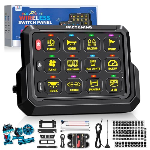 MICTUNING P1s-AC Wireless 12 Gang Switch Panel, 433MHz Remote Control Range Up to 265FT Plug and Play 12v Multifunction Toggle Momentary Pulsed Strobe Circuit Control Relay System Box for Car Truck RV