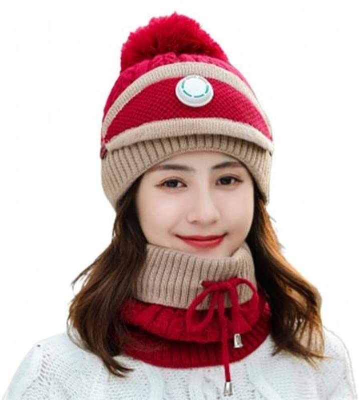 capichino Girl's/Women's Winter Warm Woolen (Inside Fur) Pom Pom Cap/Beanie + Neck Cover (with Detachable Filtered mask) (Red)-picture-40