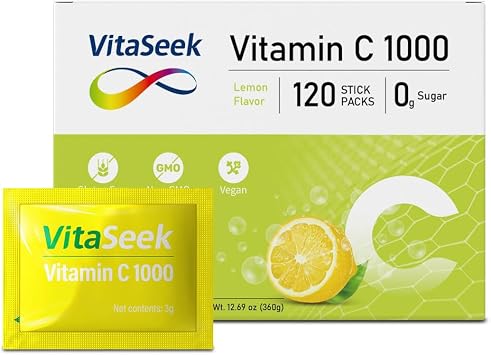 Vitamin C 1000mg Powder Packets Sugar Free Drink Mix Individual Serving Sticks Lemon Flavors On The Go Immune Support for Adults 120 Count