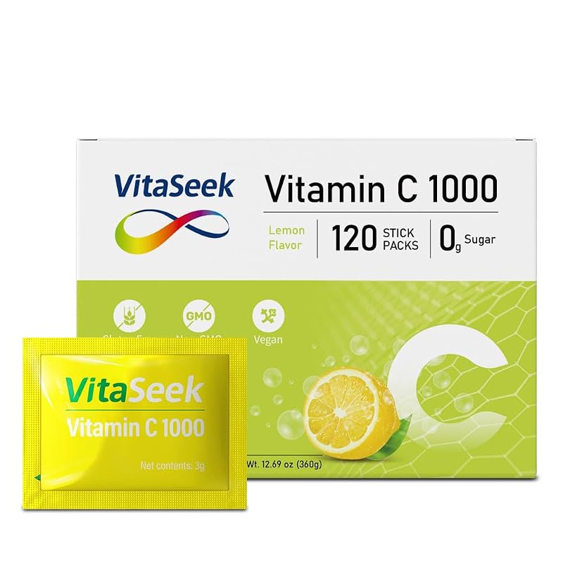 VitaSeek Suplemento de Vitamina C em Pó com Zinco 1000 mg + 8 mg 120 sachês sabor limão
