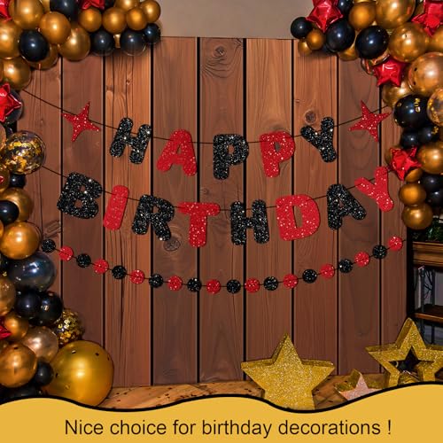 Image of Red and Black Happy Birthday Banner Glitter Garland for Black and Red Decorations Happy Birthday Decorations for Women Men Boys Girls 25th 30th 40th 50th 60th Party Decor