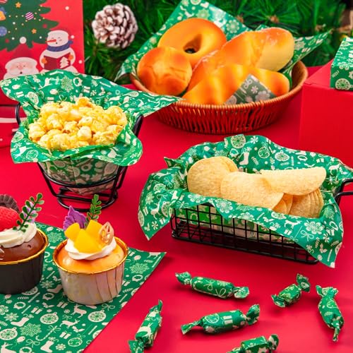 100 Pcs Christmas Wax Paper, Wax Paper Sheets for Food Deli Paper Sandwich Wrap Candy Cookies Wraps, Waterproof Oil-proof Picnic Basket Liners with Snowflake Pattern for Kitchen Handmade Food(Green)… - Thumbnail 4