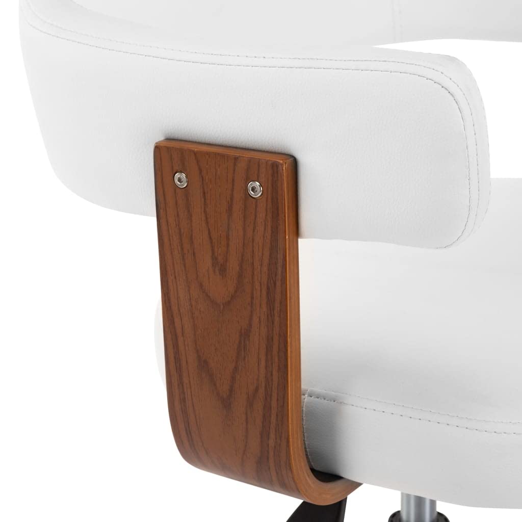Silla de oficina giratoria de madera curvada blanca y piel sintética, silla de oficina de madera curva, color blanco, función giratoria de 360 grados, altura ajustable, silla de escritorio