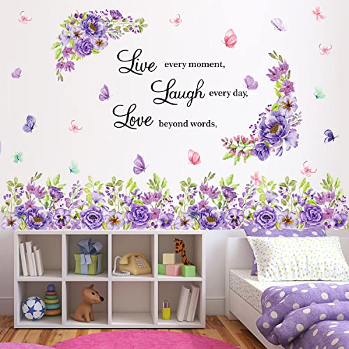Kokolap Purple Flowers Wall Stickers,Inspirational Quotes Wall Decal Peel And Stick,Violet Garden Flower Wall Decal Bedroom Decor,Plants Butterfly Leaves Wall Sticker For Girls Room Living Room Decor #TOP28