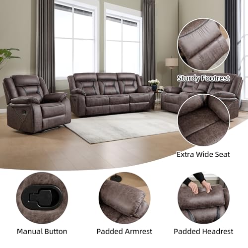 Image of EBELLO Faux Leather Recliner Sofa Furniture Set for Living Room, Recliner Chair, Manual Loveseat, 3 Seat Recliniing Sofa Couch Set for Meeting Room, Grey