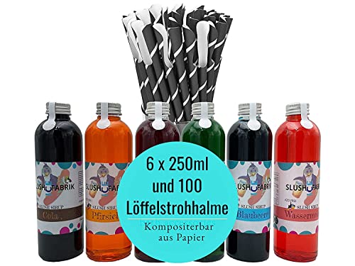 Jarabe party set 6 x 250ml y 100 pajitas de cuchara de papel para granizados, bebidas | Haz tú mismo un helado fangoso | Granizadora concentrada 1:5, sin necesidad de añadir azúcar