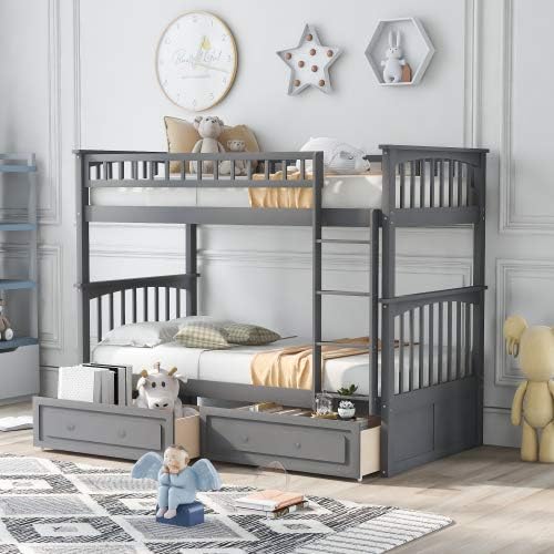 Kids Bunk Bed with Storage Drawers, Twin Over Twin Wood Bunk Bed Frame with Guardrails, Convertible Kids Beds, Grey