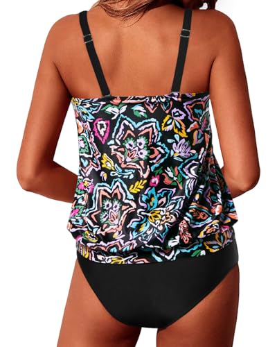 Image of Yonique Two Piece Tankini Swimsuits for Women Blouson Bathing Suits Modest Swimwear