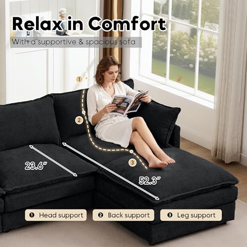 Image of 102 inch L Shaped Modular Sectional Sofa, Comfy Upholstery Chenille Cloud Couch with Ottoman, Modern 4-Seat Deep Seat Sofa with Pillow for Living Room, Bedroom, Apartment (Black)