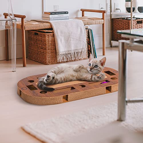 CanadianCat Company ® | PlayPlate Katzenspielplatz 65 x 35 x 5,8 cm mit integrierter Kratzpappe, interaktives Katzenspielzeug Kratzbrett in Holzoptik Kratzkarton Cover