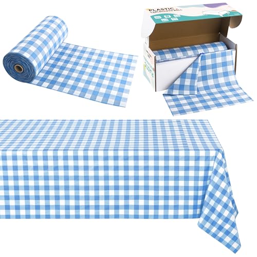 Image of Kochorie 54 Inch x 300 Ft Light Blue Checkered Plastic Table Cloth Roll Disposable Waterproof Table Cover Plastic Table Cover Roll with Easy Slide Cutter for Outdoor Picnic /Home Dining /Spring Party