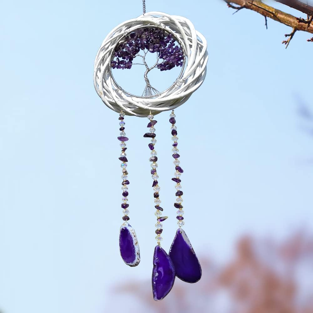 Amethyst Tree of Life Crystal Wind Chime, Handmade Natural Crystal Agate Slices Windchimes for Ornament Wall Hanging Ornament Home Window Garden Decoration Gifts