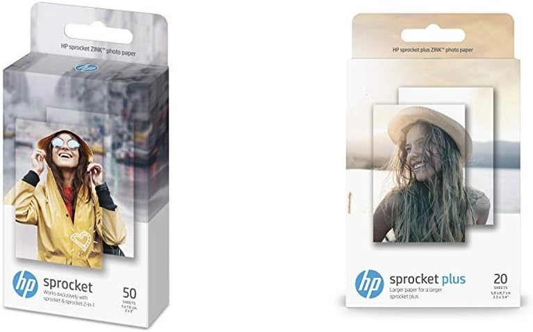 HP 1DE37A 5 x 7.6 cm/2 x 3 Inch Sprocket Photo Paper Sticky-Backed, 290 gsm, 50 Sheets &2LY72A 5.8 x 8.7 cm/2.3 x 3.4 Inch Sprocket Plus Photo Paper, 258 gsm, 20 Sheets