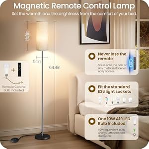 64.4” Slim Floor Lamp for Living Room with Magnetic Remote and Foot Switch, Dimmable Standing Tall Lamp Mood for Bedroom Nursery, 3 Color Temperatures, 1-Hour Timer, 900LM Bulb Included, Beige E06LD05W1 — photo 2 of 6