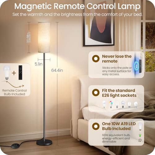 64.4” Slim Floor Lamp for Living Room with Magnetic Remote and Foot Switch, Dimmable Standing Tall Lamp Mood for Bedroom Nursery, 3 Color Temperatures, 1-Hour Timer,900LM Bulb Included,Beige E06LD05W1 - Image 2