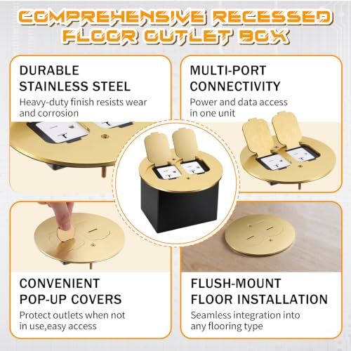 Image of Round Brass Recessed Floor Outlet Box, UL Listed Low Profile Hidden Dual Flip-up Floor Outlet, 20A Tamper Resistant Duplex Receptacles for Living Room, Home Office, Conference Room
