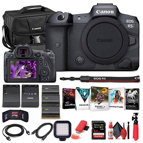 Canon EOS R5 Mirrorless Digital Camera (Body Only) (4147C002) + 64GB Memory Card + Case + Corel Photo Software + 2 x LPE6 Battery + External Charger + Card Reader + Light + HDMI Cable + More (Renewed) Canon EOS R5 Mirrorless Digital Camera (Body Only) (4147C002) + 64GB Memory Card + Case + Corel Photo Software + 2 x LPE6 Battery + External Charger + Card Reader + Light + HDMI Cable + More (Renewed)