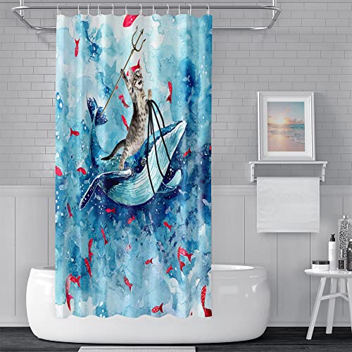 SDOTPMT 105x160cm Funny Cat Shower Curtain Cute Cat Riding Whale Ocean Wave Bath Curtain Cartoon Red Fish Blue Bathtub Curtain for Kids Bathroom Decor Fabric Polyester Waterproof with Hooks - Image 2