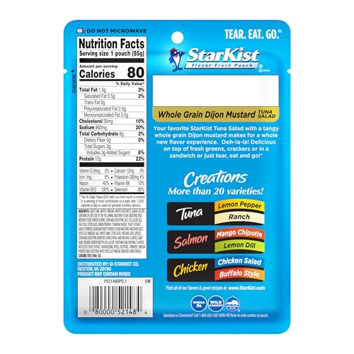 Image of StarKist Tuna Creations Whole Grain Dijon Mustard Tuna Salad, 3oz, 24-Pack | 12g Protein Per Serving, Wild Caught Tuna Pouch, Shelf Stable Seafood, No Draining, Ready to Eat for Salads, Sandwiches