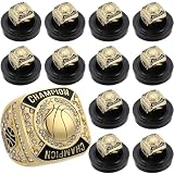 Remuuly 12 Pcs Basketball Champion Rings Basketball Champion Trophy Rings Award Gift Prize with Display Neck Chain and Stand for Basketball Tournament or Champion Winner (Gold)