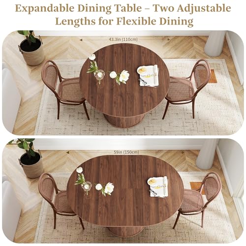 Image of weselon 43 inch-59 inch Extendable Round to Oval Dining Table with Hidden Storage, Modern Wooden Kitchen Table with Fluted Sliding Door Cabinet, Expandable Dinner Table for Dining Room Living Room (Walnut)