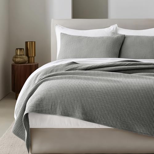 Image of EVERGRACEHOME Cotton Coverlet Set King Size 3 Pieces, Lightweight Soft Ribbed Matelasse Bedspread Quilt Set, Cozy Oversized Quilted Bedding Set with 2 Pillow Shams for All Seasons, Fog Gray