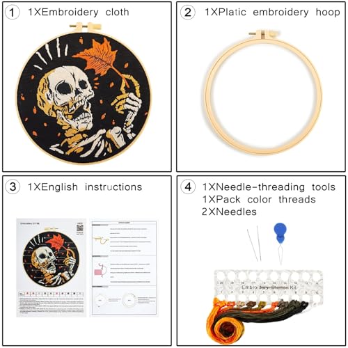 Image of Crafmanoe Halloween Gothic Embroidery Starter Kit for Beginners Adults, Skull Skeleton Stamped Cross Stitch Kits for Beginners Adults, Funny Fall Hand Embroidery Needlepoint Kits with Video Tutorial