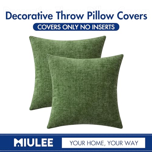 Image of MIULEE Pack of 2 Couch Throw Pillow Covers 18x18Inch Soft Moss Green Spring Chenille Pillow Covers for Sofa Living Room Solid Dyed Pillow Cases