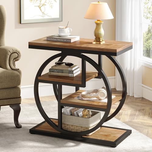 Image of Tribesigns End Table for Living Room, 4-Tier Narrow Side Table with Storage Shelves, Industrial Bedside Table for Bedroom, Wood Small Sofa Side Table with Geometric Metal Frame (1 PC, Natural Brown)