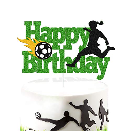Soccer Cake Topper Happy Birthday Sign Cake Decorations for Soccer Ball Player Net Sport Football Themed Women Girl Birthday Party Supplies Green Glitter Décor Double Sided