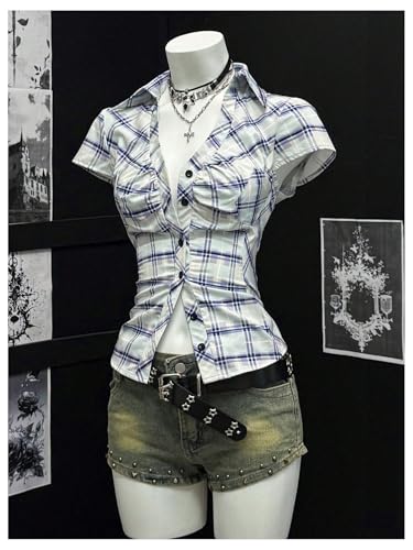 SweatyRocks Women's Y2K Button Down Shirt Plaid Print Short Sleeve Slim Fit Ruched Vintage Blouse3
