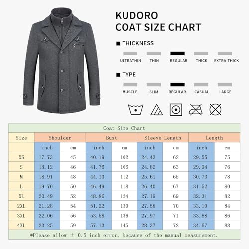 KUDORO Abrigo de hombre de lana corto de invierno casual y de negocios de ajuste regular grueso en mezcla de lana con cuello interior extraíble Parka Trench Coat, gris oscuro, M - imagen 7
