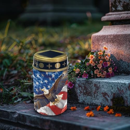 Image of Poceacles Eagle American Flag Pattern Solar Lights Outdoor Waterproof Grave Lights for Cemetery LED Flameless Candle Cemetery Solar Pillar Candles Outdoor Decor
