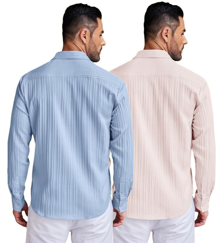 Image of DEELMO Combo of Men's Casual Button Down Shirts Long Sleeve Linen Shirt Fashion Textured Summer Shirts Pack of 2