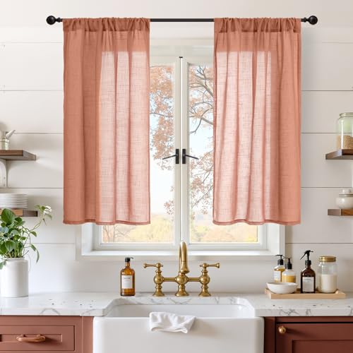 Image of BGment Linen Short Curtains 40 Inch Length for Window, Terracotta Drapes for Kitchen Cafe Over Sink Bathroom Decor Rod Pocket Rustic Textured Lightweight Semi Sheer, 2 Panels Set, Each 30 Inch Wide
