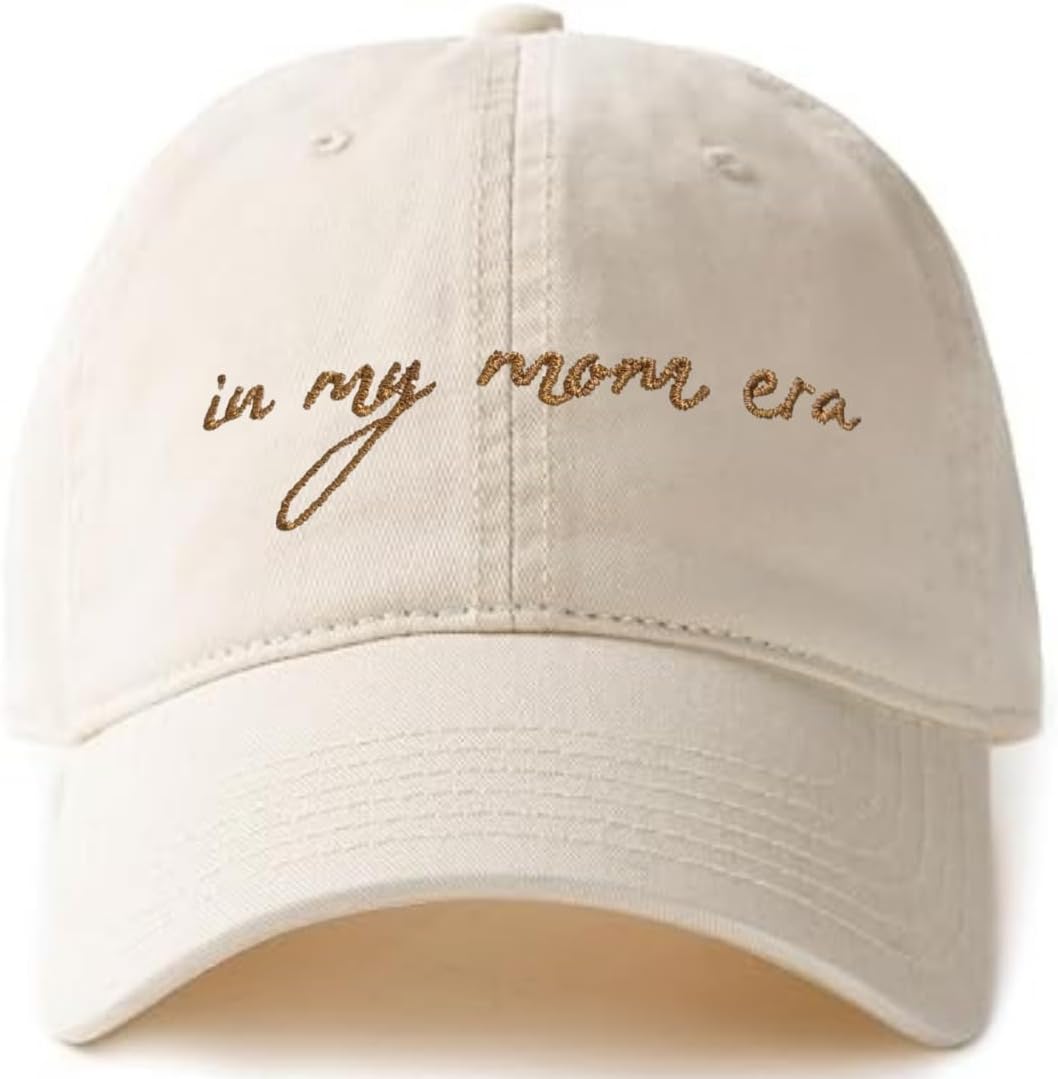 In My Mom Era beige baseball cap with ponytail hole for new moms