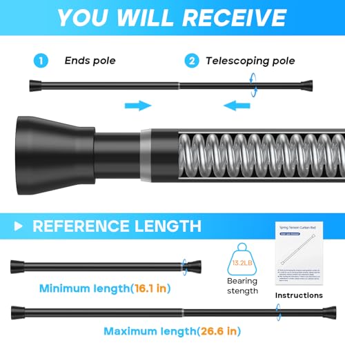 Small Tension Rod Black Spring Curtain Rod No Drilling Spring Tension Rods 1pack Adjustable Curtain Rod Tension for Bookshelf Diy Projects Kitchen, Cupboard,Tension Rod 16 to 26 Inch - Thumbnail 3