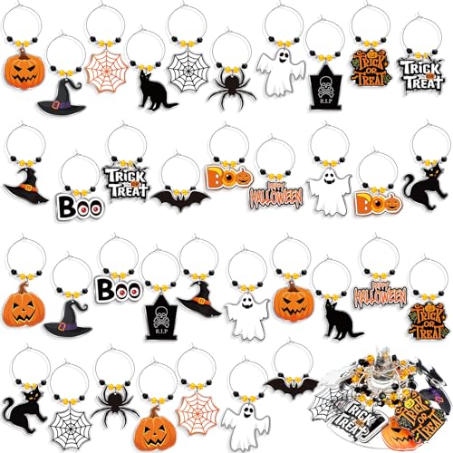 Vercraft 36 Thanksgiving Fall Wine Charms Glass Drink Charms Pumpkin Turkey Maple Leaf Glass Label Bulk for Thanksgiving Party Supplies(Halloween)