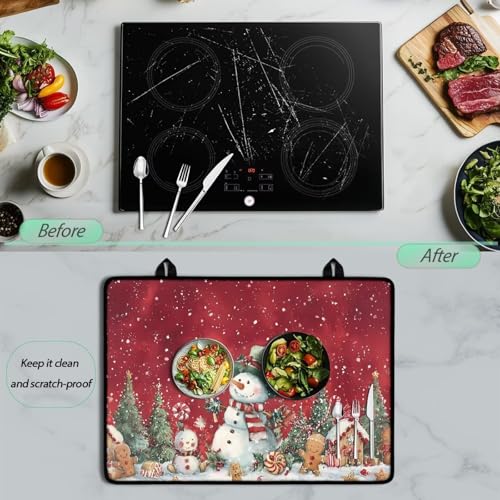 Image of Christmas Snowman Gingerbread Extra Large Stove Top Covers Water & Heat Resistant Mat for Kitchen Folding Square Glass Countertop Protector with Hooks Easy to Clean Christmas Decor