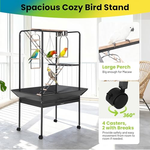 ActiveTrail 64 Inch Birdcage Stand with Wheels, Indoor Outdoor Parrot Playstand with Bowls,Perches and Ladders, Lockable Caster, for Macaw, African Grey, Cockatoo, Parakeet