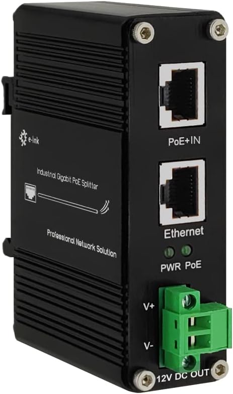 E-link Industrial Hardened Gigabit PoE+ Splitter PoE IEEE802.3 at 30W Input 20W/12VDC Output DIN- Rail Wall Mount -40°C to 80°C IP40