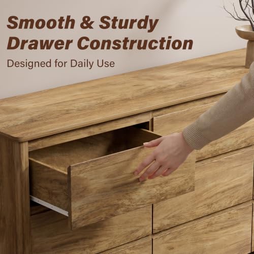 Image of Furniway 3 Piece Bedroom Set, 9 Drawer Dresser and Nightstands, Natural Oak