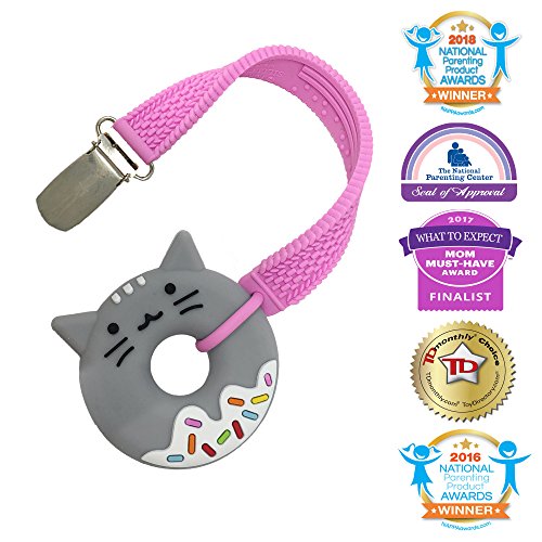 Silli Chews 2 Inch Mini Donut Food Teething Toy Grey Kitty Cat Toy Animal Teether with Pink Pacifier Teether Strap Clip for Girls Popular Shower Gift Gum Soother