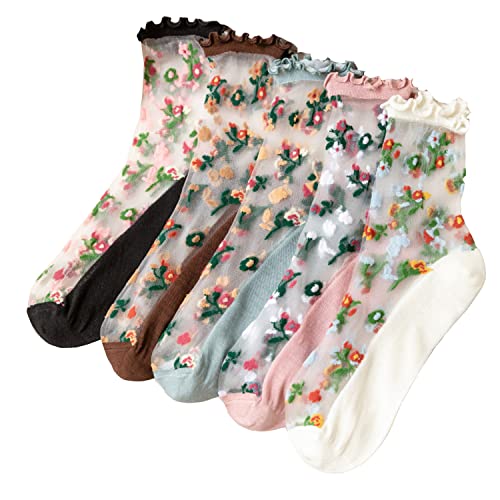 Benefeet Sox Womens Lace Sheer Socks Thin Nylon Crystal Glass Ruffle Socks Girls Cute Floral Patterned Frilly Mesh Sock Ankle Fancy Clear Transparent See Through Summer Sock 5 Pack